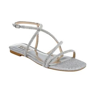BADGLEY MISCHKA IVIE SILVER SHIMMER CRYSTAL DRESSY EVENING STRAPPY FLAT SANDAL